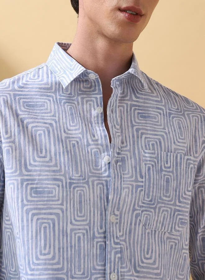 دينيس لينغو تيشيرت رجالي قطن أزرق مطبوع بأزرار بقصة عادية