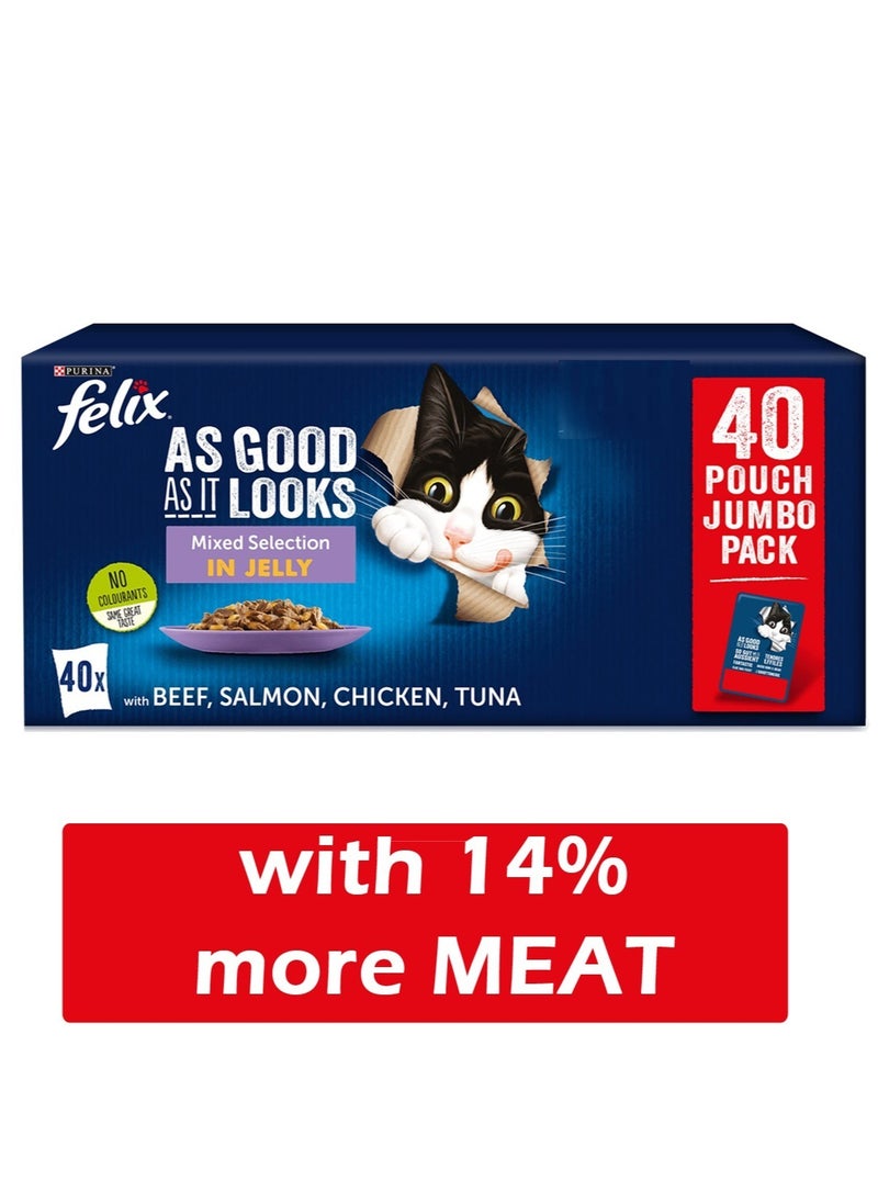 Felix Felix Adult Cat Jelly Food 40-Packets Mixed Selection In 4 Variety Flavours 40x100g  - Image 1