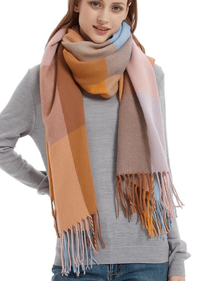 Wander Agio Women's Fashion Long Shawl Big Grid Winter Warm Lattice Large Scarf, Big Camel Pink 7, M - Image 1