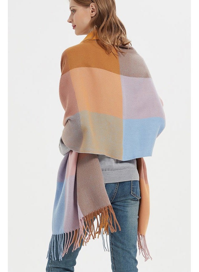 Wander Agio Women's Fashion Long Shawl Big Grid Winter Warm Lattice Large Scarf, Big Camel Pink 7, M - Image 3