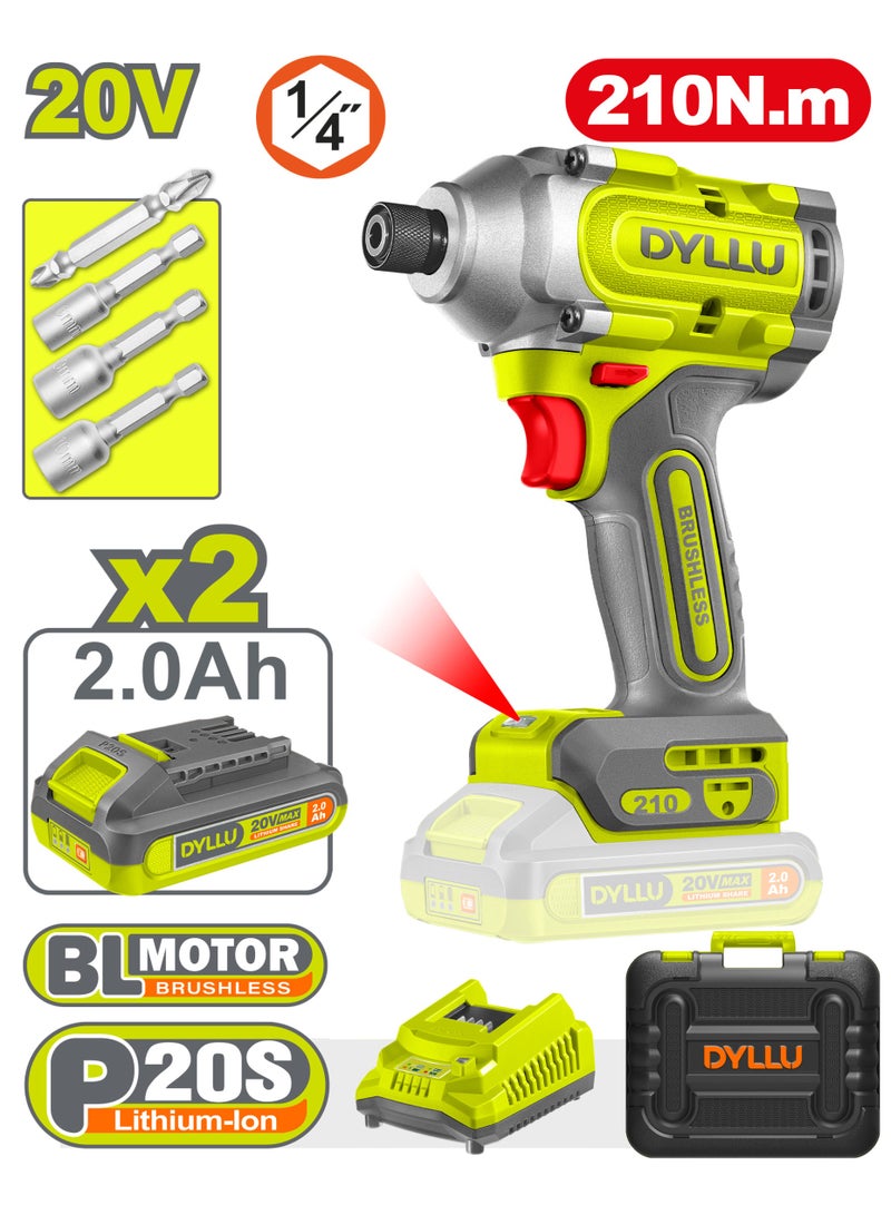 DYLLU 20V Brushless Cordless Impact Driver 210N.m 1/4" Hex Lithium P20S with 2×2.0Ah Battery Fast Charger & Carry Case