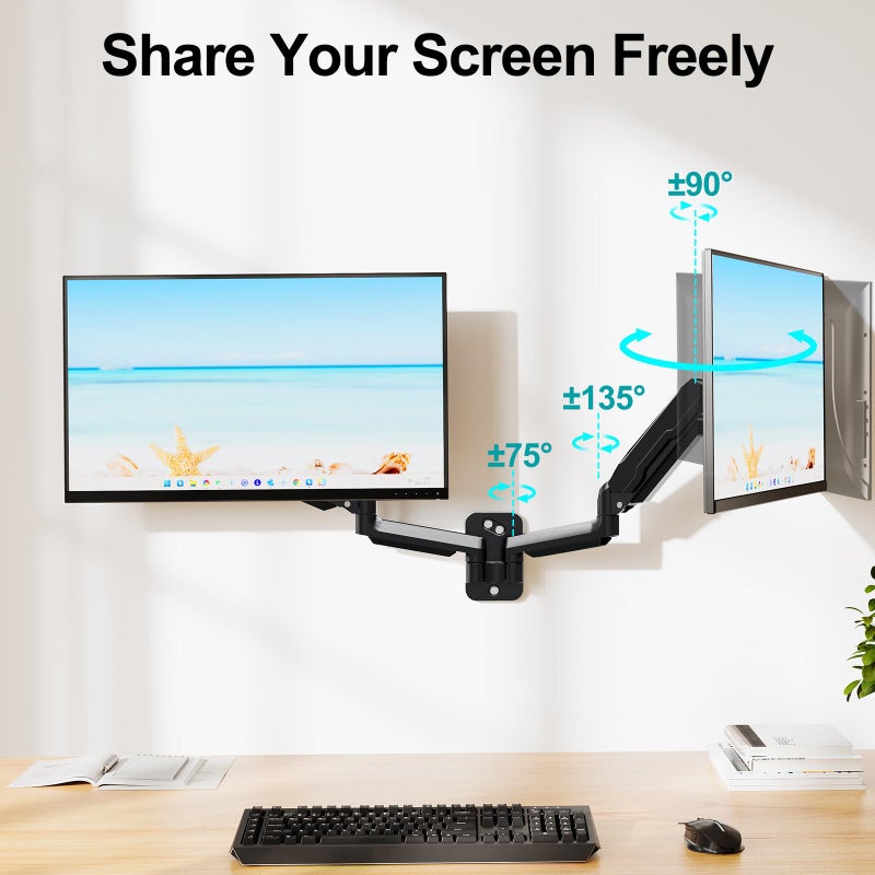 MOUNT PRO Dual Monitor Wall Mount for 13 to 32 Inch Computer Screens, Gas Spring Wall Monitor Arm for 2 Monitors, Each Holds Up to 19.8lbs, Full Motion Wall Monitor Mount with VESA 75x75/100x100 - Image 5