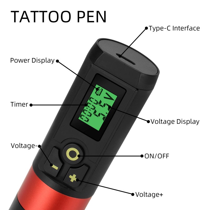 Red Blood Shadow Aluminum Alloy Handle Adjustable Wireless Power Long Pen Motor Tattoo Machine Rotating Tattoo Pen (including USB charging cable) 1pc - Image 3
