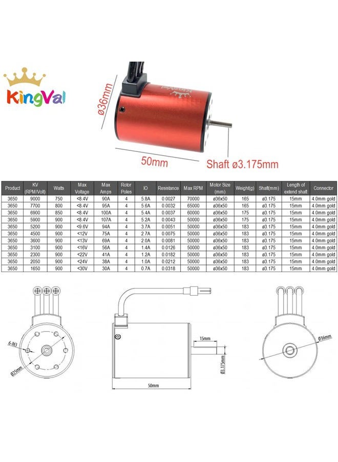 KingVal Replacement 3650 4500KV Waterproof Brushless Motor Shaft 3.175mm Compatible with 1/10 RC Car - Image 2