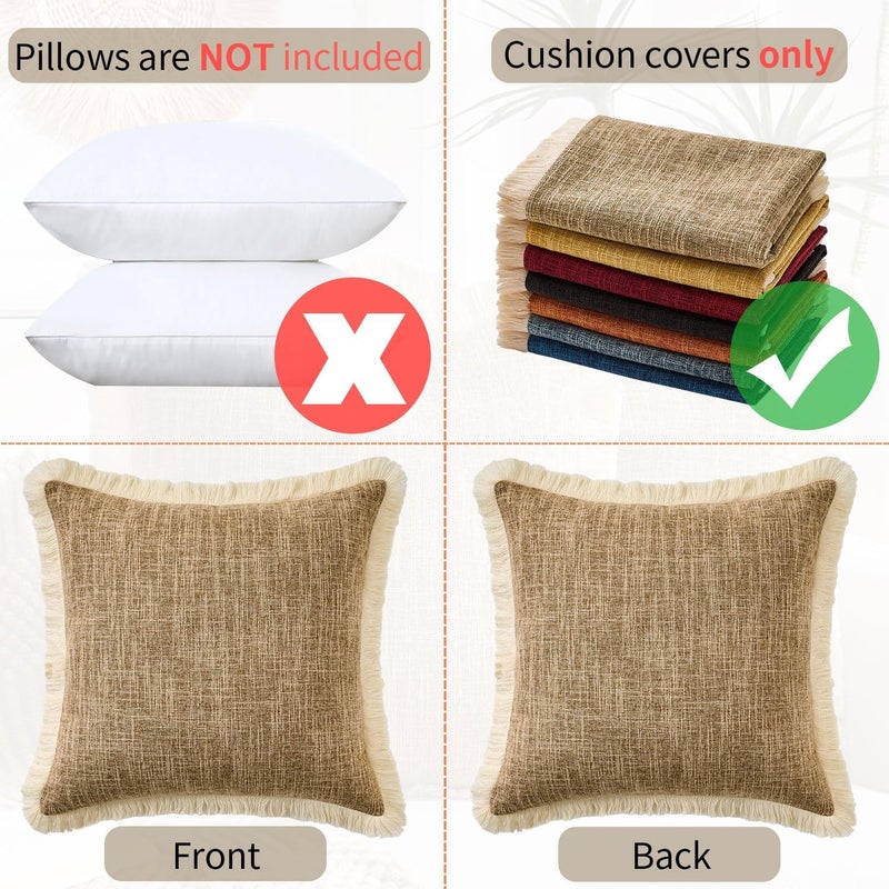 KWLET Boho Throw Pillow Covers Decorative Linen Fringe Pillowcase 16x16 Farmhouse Pillow Covers with Tassels Soft Accent Pillowcase for Couch Sofa Bed Living Room Home Decor Khaki - Image 5