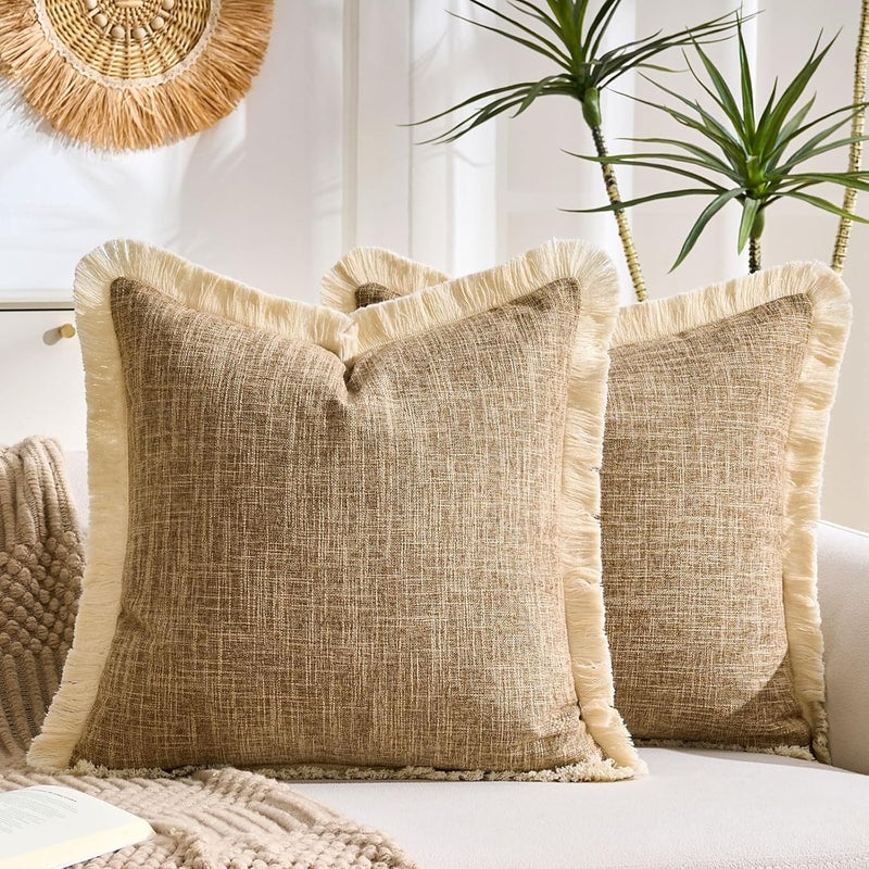 KWLET Boho Throw Pillow Covers Decorative Linen Fringe Pillowcase 16x16 Farmhouse Pillow Covers with Tassels Soft Accent Pillowcase for Couch Sofa Bed Living Room Home Decor Khaki - Image 1