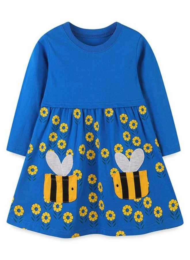 YUNIQEE Blue A-Line Crew Neck Printed Dress