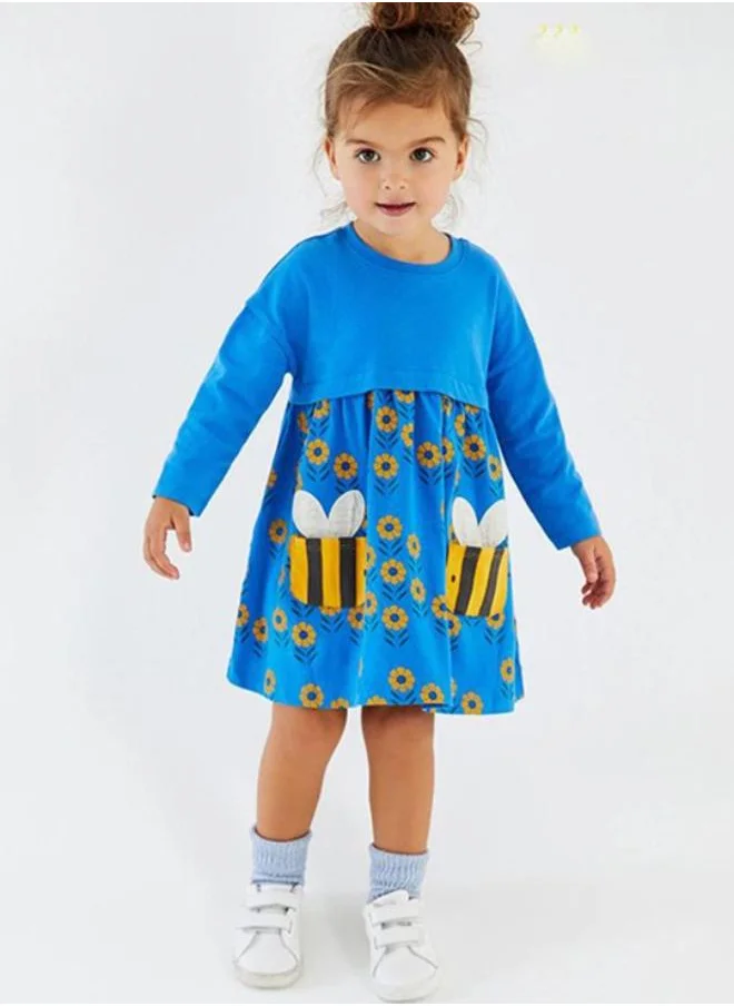YUNIQEE Blue A-Line Crew Neck Printed Dress