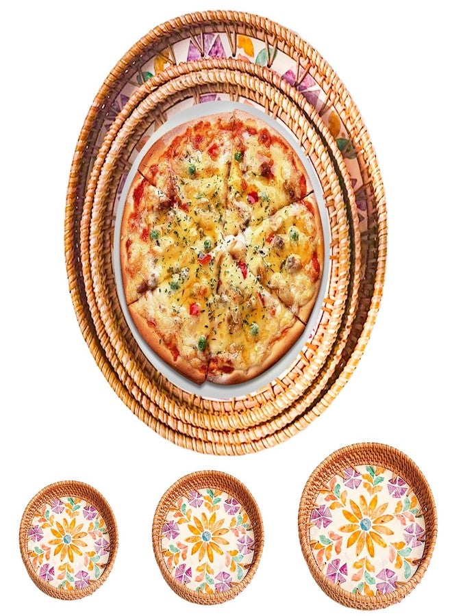 Joyeee 3 Pack Round Woven Tray, Large Medium Small Stackable Rattan Bread Baskets Trays Set for Decor, Keys Wallet Cell Phone Organizer, Tabletop Serving Food Holder Decorative Table Storage - Image 1