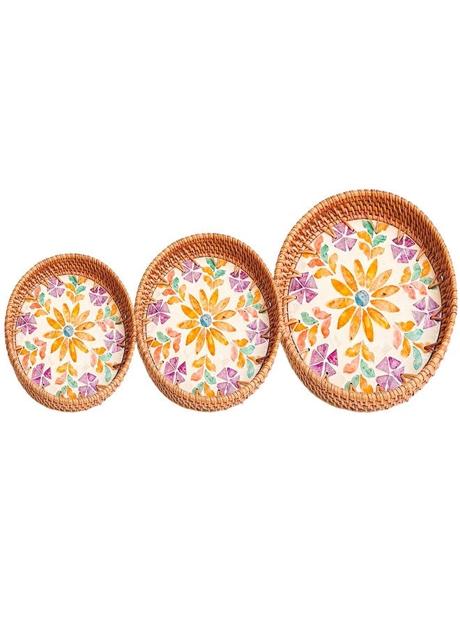 Joyeee 3 Pack Round Woven Tray, Large Medium Small Stackable Rattan Bread Baskets Trays Set for Decor, Keys Wallet Cell Phone Organizer, Tabletop Serving Food Holder Decorative Table Storage - Image 4