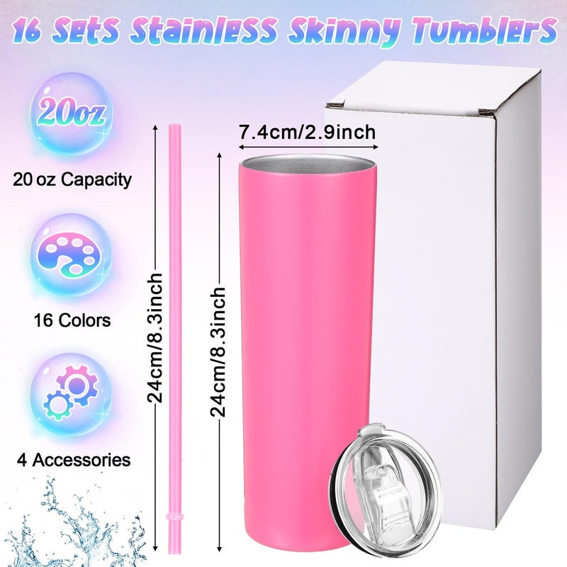 Vesici 16 Packs Skinny Tumblers with Straws and Lids, 20 oz Stainless Steel Slim Tumblers Double Wall Vacuum Insulated Coffee Cups Solid Color Thin Travel Mug for Hot Cold Drink, 16 Colors - Image 2