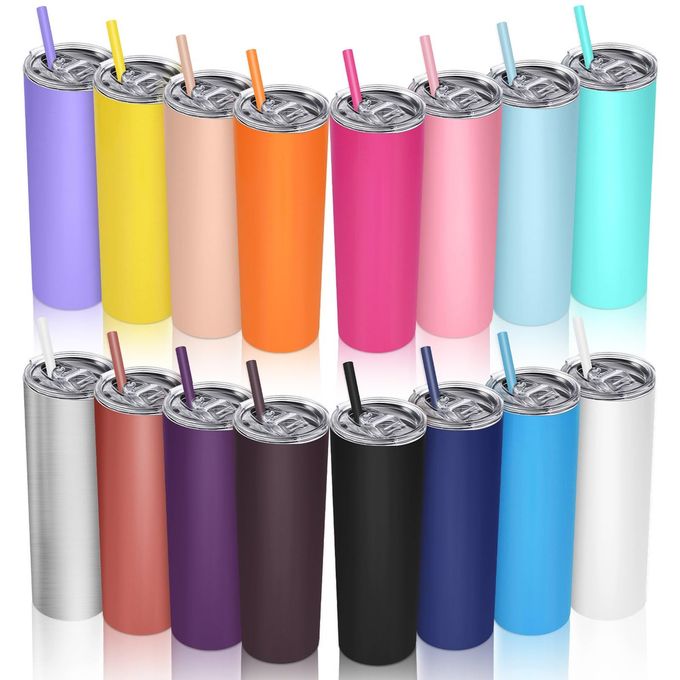 Vesici 16 Packs Skinny Tumblers with Straws and Lids, 20 oz Stainless Steel Slim Tumblers Double Wall Vacuum Insulated Coffee Cups Solid Color Thin Travel Mug for Hot Cold Drink, 16 Colors - Image 1