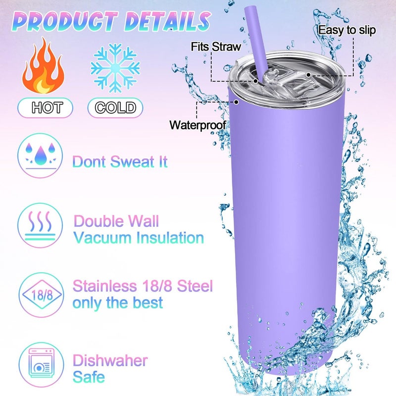 Vesici 16 Packs Skinny Tumblers with Straws and Lids, 20 oz Stainless Steel Slim Tumblers Double Wall Vacuum Insulated Coffee Cups Solid Color Thin Travel Mug for Hot Cold Drink, 16 Colors - Image 3