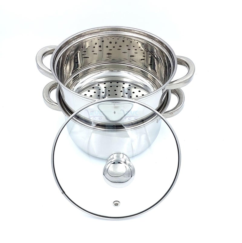EVK® Stainless Steel 2 Tier Steamer Set With Lid, Pasta Steamer, Idli Maker, Momo Steamer, Rice Steamer, Seafood, Dumplings, etc 4.5 Liter- Dia- 20 Cm Silver - Image 1