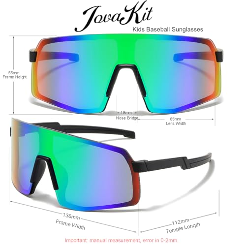 JOVAKIT Kids Baseball Sunglasses for Boys Girls Age 3-13, Youth Baseball Sun Glasses UV400 Sports Cycling Shades (Black/Green Mirror) - Image 3