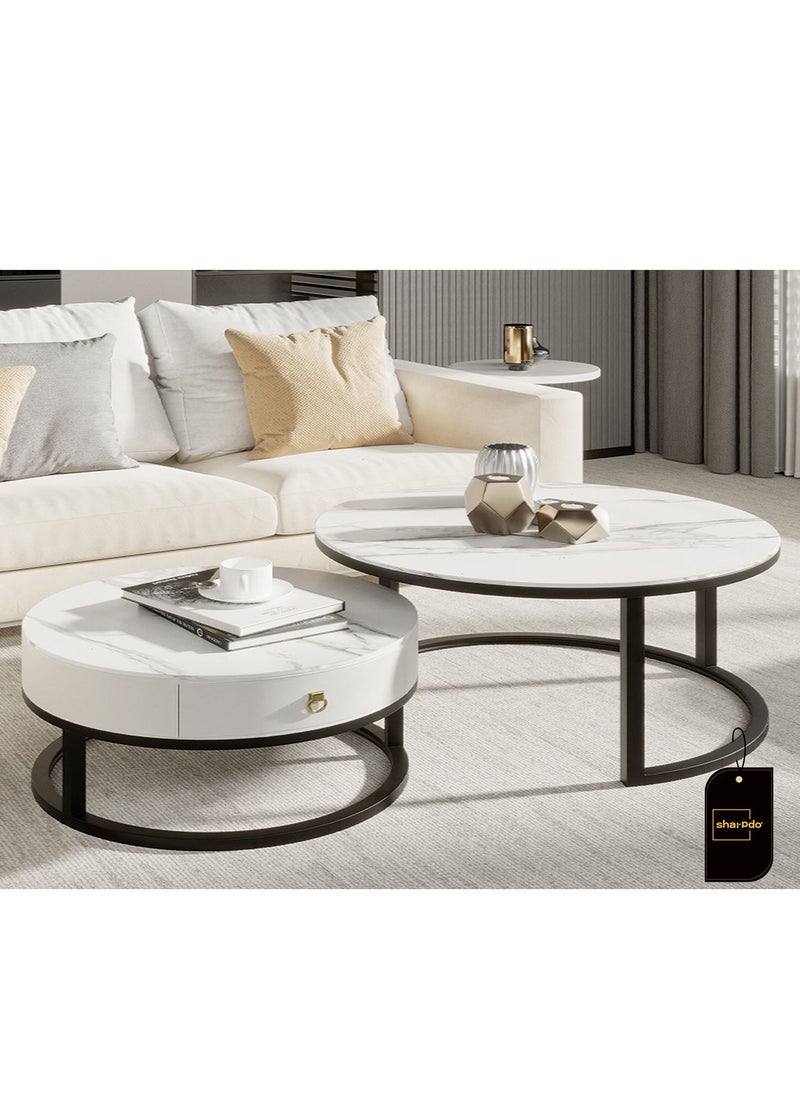 Sharpdo لوحة صخرية لغرفة المعيشة طاولة شاي قابلة للسحب طاولة شاي دائرية 70*70*45 و50*50*40 سم - Image 2