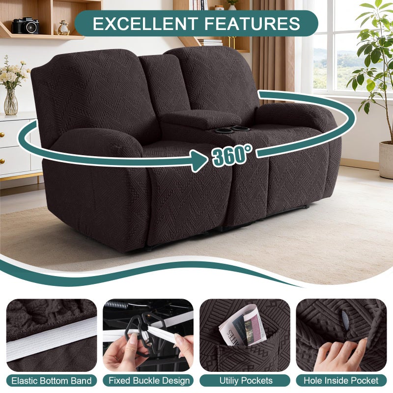 Ruaozz Loveseat Recliner Covers with Console, 4-Pieces Recliner Sofa Covers Stretch Jacquard Reclining Couch Covers with Pockets Furniture Protector with Elastic Straps Bottom (Chocolate) - Image 5