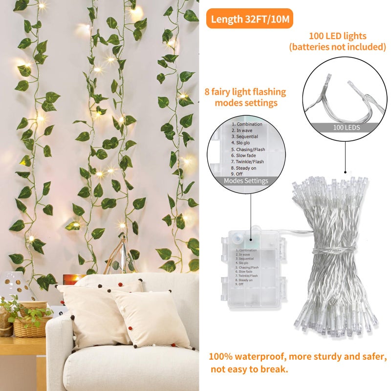 CEWOR 14 Pack 98ft Fake Ivy Vines, Artificial Ivy Garland with 100 LED String Lights, Hanging Plants Greenery Backdrop Green Leaves for Bedroom Room Wall Decor Wedding Party Table Decoration - Image 2