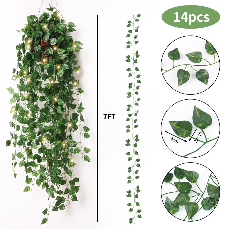 CEWOR 14 Pack 98ft Fake Ivy Vines, Artificial Ivy Garland with 100 LED String Lights, Hanging Plants Greenery Backdrop Green Leaves for Bedroom Room Wall Decor Wedding Party Table Decoration - Image 3