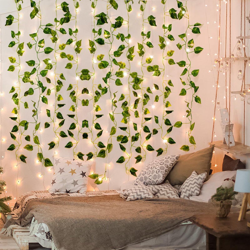 CEWOR 14 Pack 98ft Fake Ivy Vines, Artificial Ivy Garland with 100 LED String Lights, Hanging Plants Greenery Backdrop Green Leaves for Bedroom Room Wall Decor Wedding Party Table Decoration - Image 5