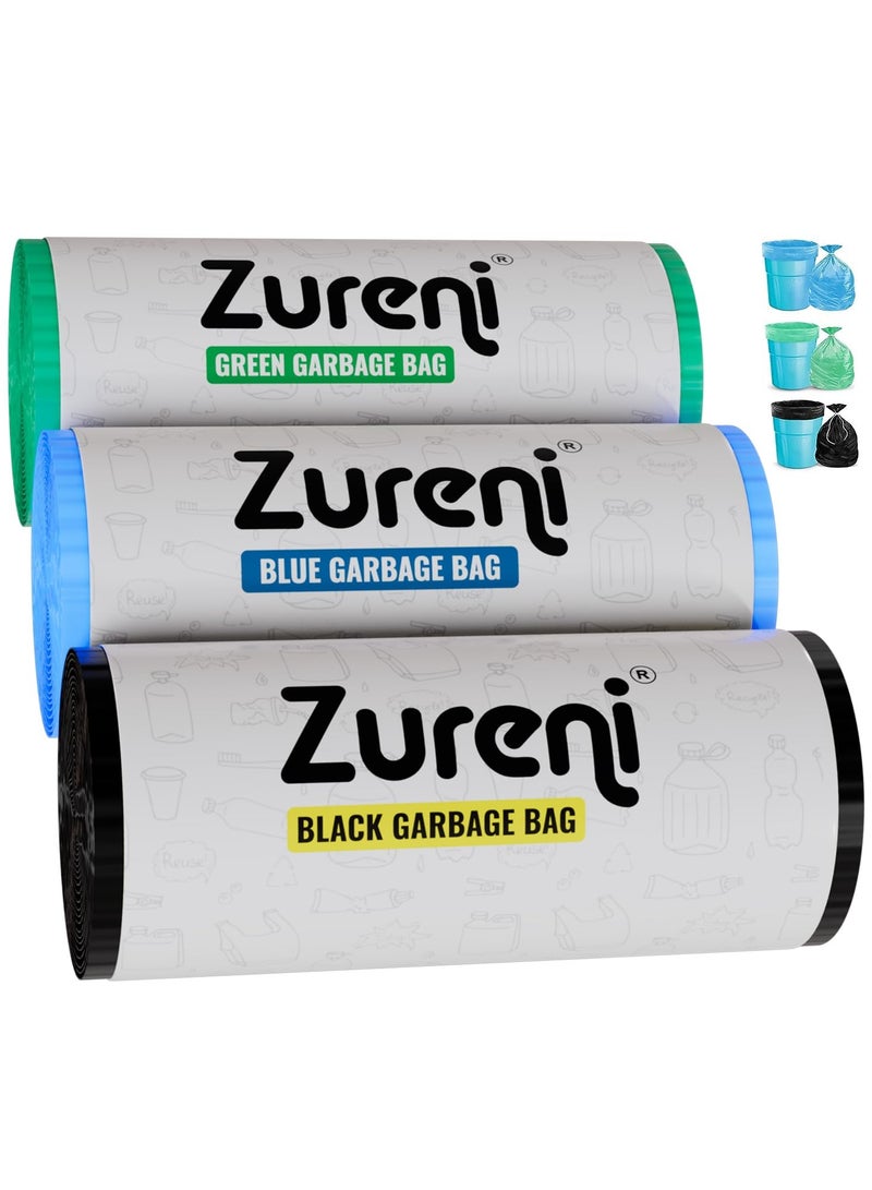 زوريني أكياس نفايات زوريني (متوسطة، 48 × 53 سم أو 19 × 21 بوصة) مع رباط لمنع التنقيط، مناسبة للمطبخ والمكتب والمستودع والمخزن (أسود، أخضر، أزرق، 3 × 30 قطعة/لفة) - Image 1