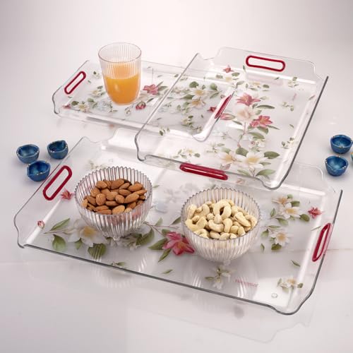 Nayasa Modern Plastic Rectangular Serving Tray Set of 3, Small, Medium & Large | Durable Multipurpose Kitchen Tray for Tea, Coffee, Snacks, Fruits & Desserts | Transparent Red - Image 1