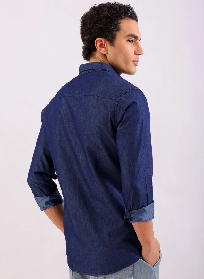 شركة المرآب الهندية قميص جينز رجالي بقصة ضيقة وأكمام كاملة وطبعات مميزة وجيوب مزدوجة بقلاب