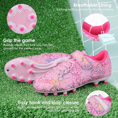 brooman Kids Firm Ground Soccer Cleats Girls Football Cleats with Shin Guards and Soccer Socks (9,Pink) - Image 3