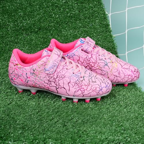 brooman Kids Firm Ground Soccer Cleats Girls Football Cleats with Shin Guards and Soccer Socks (9,Pink) - Image 5