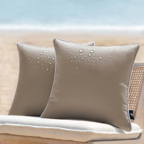Phantoscope Pack of 2 Outdoor Waterproof Solid Throw Decorative Pillow Cover Decorative Square Outdoor Pillows Cushion Case Patio Pillows for Couch Tent Light Coffee 18x18 inches 45x45 cm - Image 1