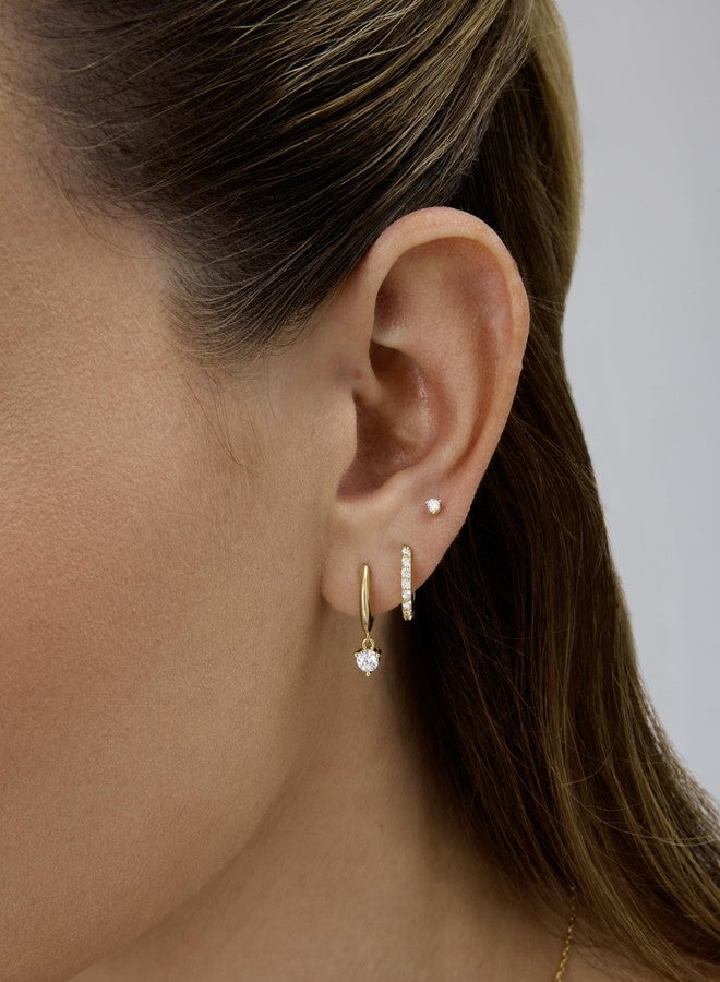 PAVOI 18K Yellow Gold Plated 925 Sterling Silver Posts Three Pairs Dangle Huggie Hoop Earrings for Women - Gold Earring Pack with Cubic Zirconia - Earscape Stud Huggie Piercing Jewelry Set - Image 2