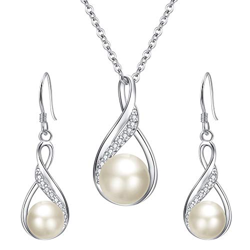 EleQueen 925 Sterling Silver CZ Freshwater Cultured Pearls Bridal Pendant Necklace Earrings Wedding Jewelry Sets, Valentine's Day/Mother's Day/Christmas Jewelry Gift for Girlfriend/Mom - Image 1