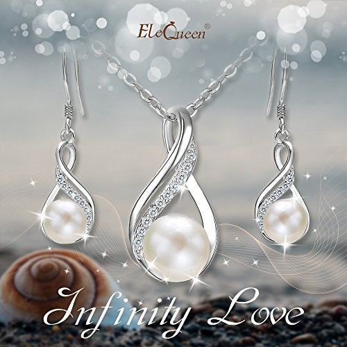 EleQueen 925 Sterling Silver CZ Freshwater Cultured Pearls Bridal Pendant Necklace Earrings Wedding Jewelry Sets, Valentine's Day/Mother's Day/Christmas Jewelry Gift for Girlfriend/Mom - Image 4