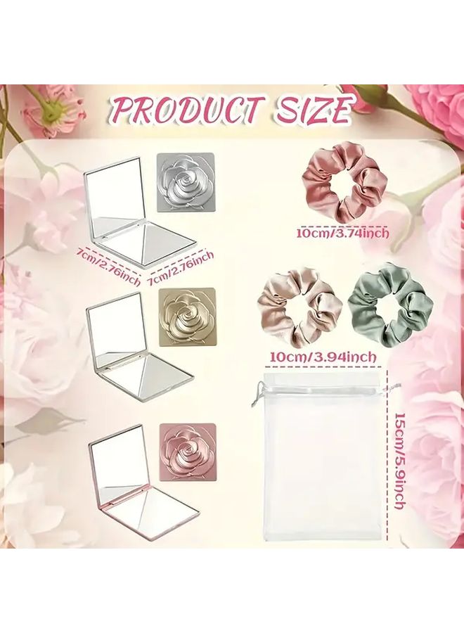 15Pcs Golden Rose Pattern Double Sided Makeup Mirror With Satin Hair Ties Wedding Favor Set - Image 3