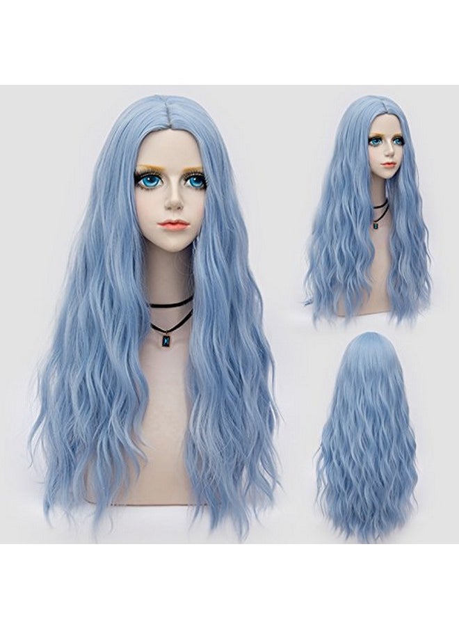 Probeauty Light Blue Wigs for Women Long Curly Wave Wig Synthetic Colored Wig for Halloween Costume, Party or Daily Use  - Image 3