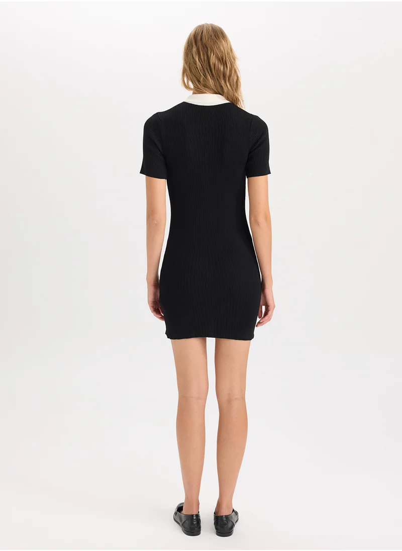 ديفاكتو A-Line Polo Neck Ribbed Look Viscose Short Sleeve Mini Dress