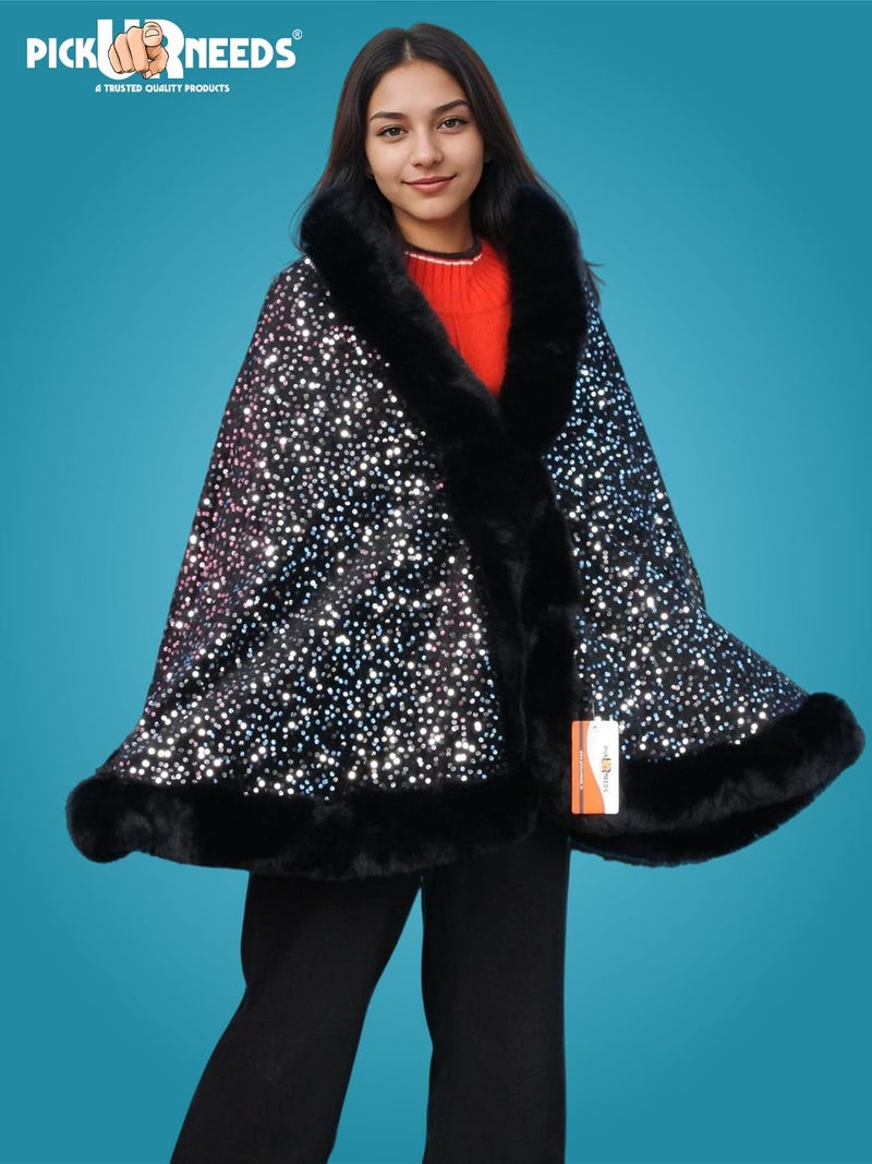 Pick Ur Needs Luxury Sequin Faux Fur Shawl for Women Poncho & Winter Shrug Soft Warm Designer Wrap for Evening Parties (Black) - Image 2