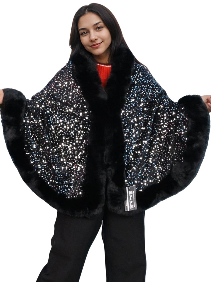 Pick Ur Needs Luxury Sequin Faux Fur Shawl for Women Poncho & Winter Shrug Soft Warm Designer Wrap for Evening Parties (Black) - Image 1