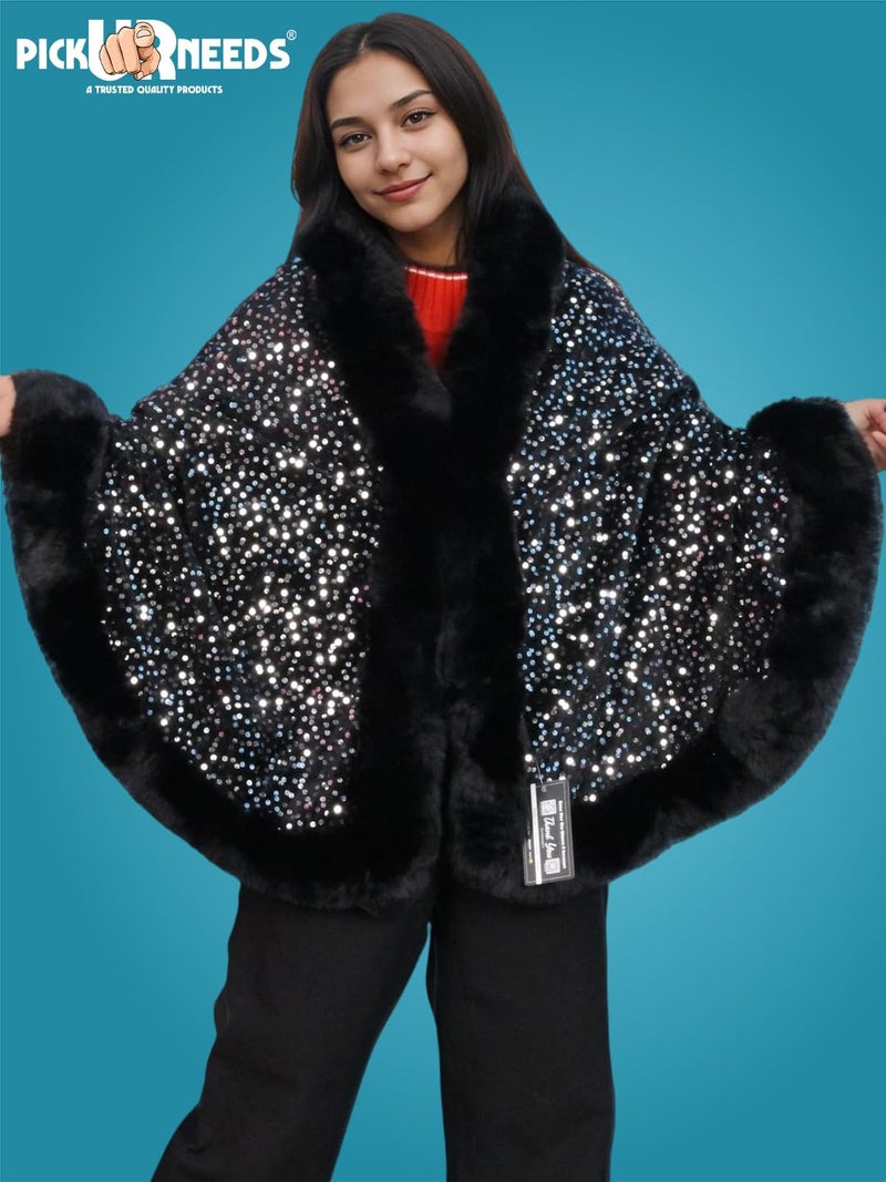 Pick Ur Needs Luxury Sequin Faux Fur Shawl for Women Poncho & Winter Shrug Soft Warm Designer Wrap for Evening Parties (Black) - Image 5