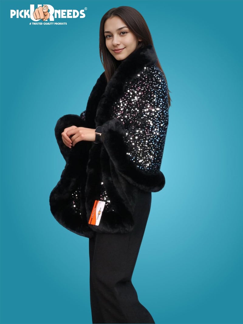 Pick Ur Needs Luxury Sequin Faux Fur Shawl for Women Poncho & Winter Shrug Soft Warm Designer Wrap for Evening Parties (Black) - Image 4