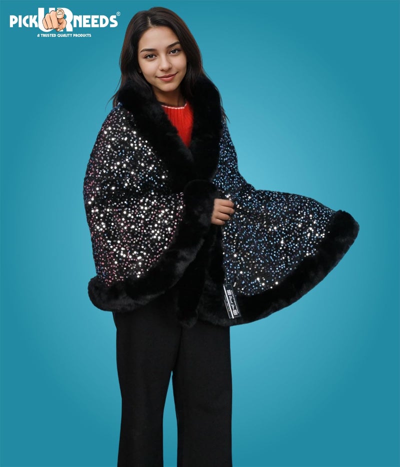 Pick Ur Needs Luxury Sequin Faux Fur Shawl for Women Poncho & Winter Shrug Soft Warm Designer Wrap for Evening Parties (Black) - Image 3