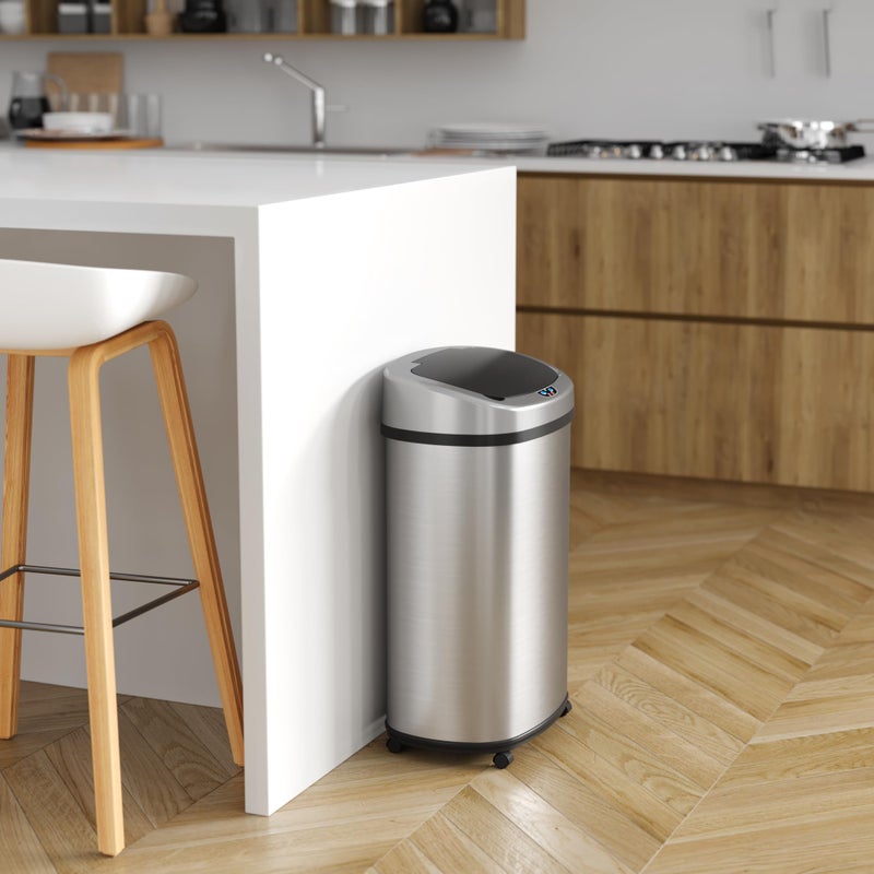 iTouchless 13 Gallon Sensor Trash Can on Wheels with Odor Filter, 50 Liter Automatic Kitchen Garbage Bin, Oval Fingerprint-Proof Stainless Steel, Hands-Free Motion Lid, Brushed Silver - Image 2