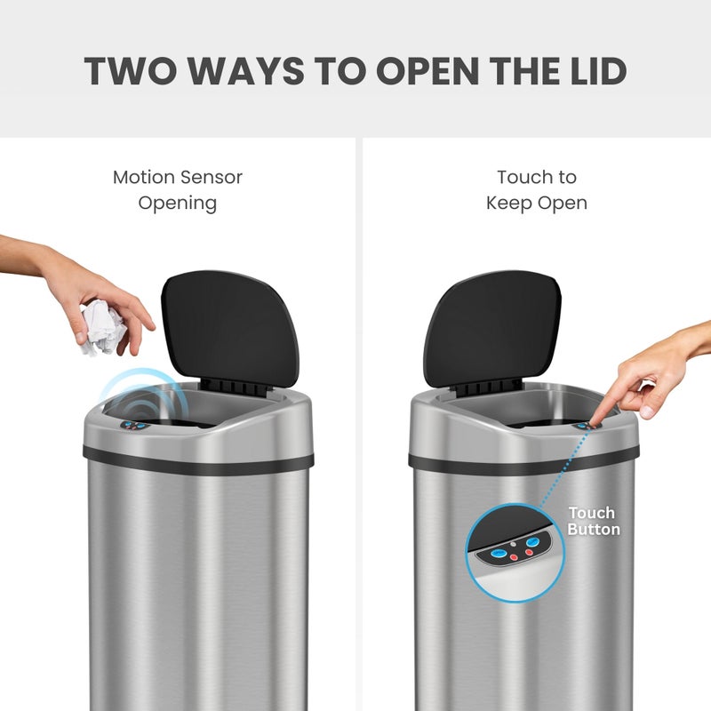 iTouchless 13 Gallon Sensor Trash Can on Wheels with Odor Filter, 50 Liter Automatic Kitchen Garbage Bin, Oval Fingerprint-Proof Stainless Steel, Hands-Free Motion Lid, Brushed Silver - Image 5