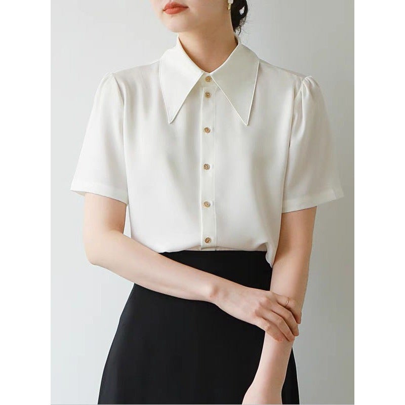 2024 Satin White Shirt Women'S Summer Commuter Occupation Ol Pointed Collar Non-Iron Interview Shirt Women'S Short Sleeve - Image 2