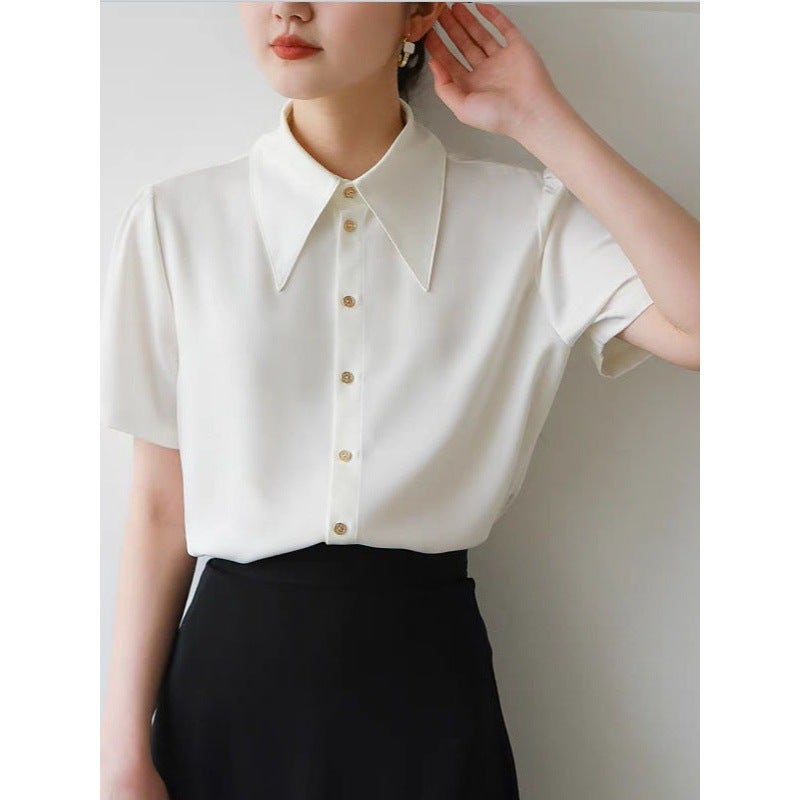 2024 Satin White Shirt Women'S Summer Commuter Occupation Ol Pointed Collar Non-Iron Interview Shirt Women'S Short Sleeve - Image 4
