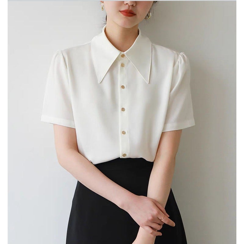 2024 Satin White Shirt Women'S Summer Commuter Occupation Ol Pointed Collar Non-Iron Interview Shirt Women'S Short Sleeve - Image 3