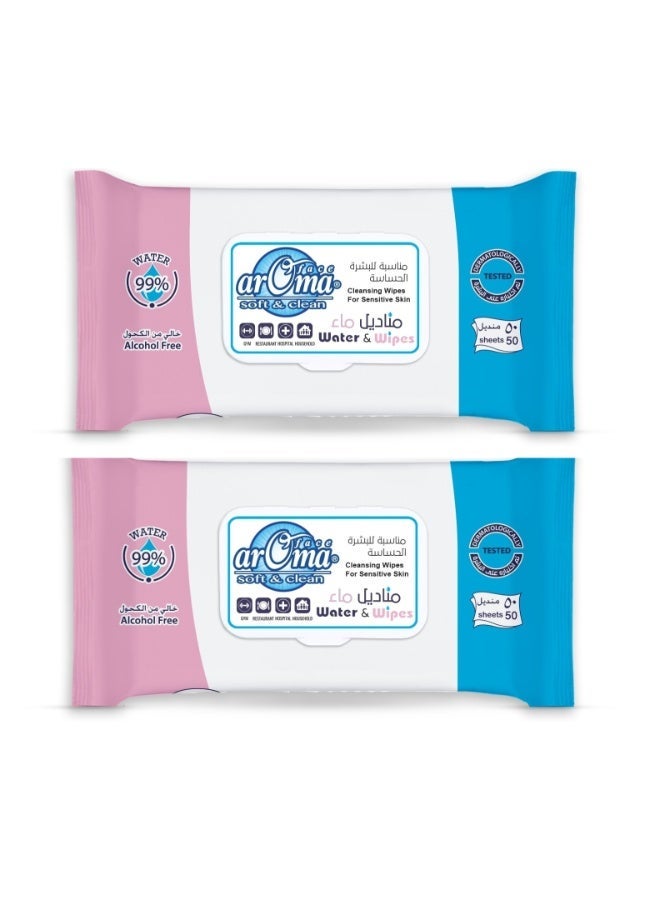 arOma Face Soft & Clean Water Wet Wipes, Alcohol-Free, 99% Pure Water, Gentle on Skin, 2 Packs x 50 Sheets – Suitable for Daily Use, Home & Trave - Image 1