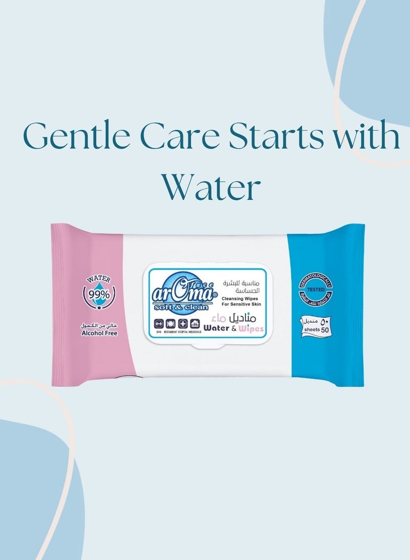 arOma Face Soft & Clean Water Wet Wipes, Alcohol-Free, 99% Pure Water, Gentle on Skin, 2 Packs x 50 Sheets – Suitable for Daily Use, Home & Trave - Image 2