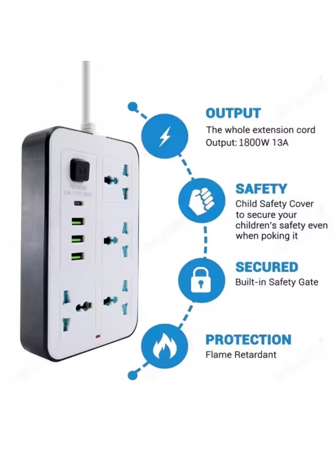 TIKNIA 4 Way Surge Protected Extension Lead with USB Slots – UK Plug Power Strip Extension Cable with Switch, Universal Extension Socket with 2M Braided Extension Cord for Home Office Accessories - Image 5