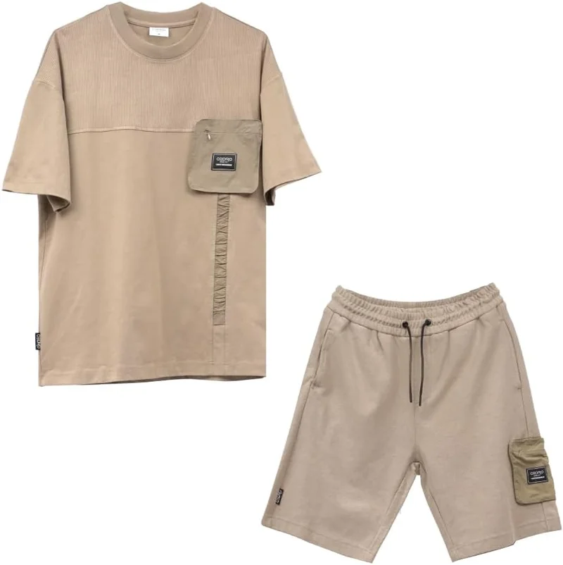 سيدرو Cedro Men's Oversized Graphic T-Shirt and Shorts Set in Beige